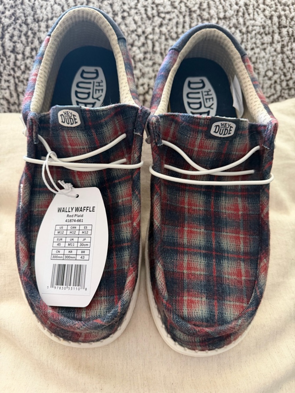 Hey Dude Men’s Wally Waffle Plaid Slip-On Shoes in Red Plaid